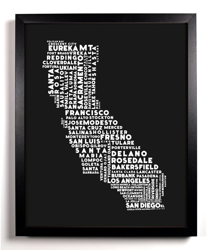 Cities Of California Typography Collage, 8 x 10 Giclee Art Print Los Angeles San Francisco San Diego
