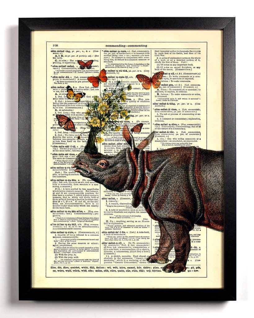 The Rhino and His Friends Repurposed Book Upcycled Dictionary Art Vintage Book Print Recycled Vintage Dictionary Page Buy 2 Get 1 FREE