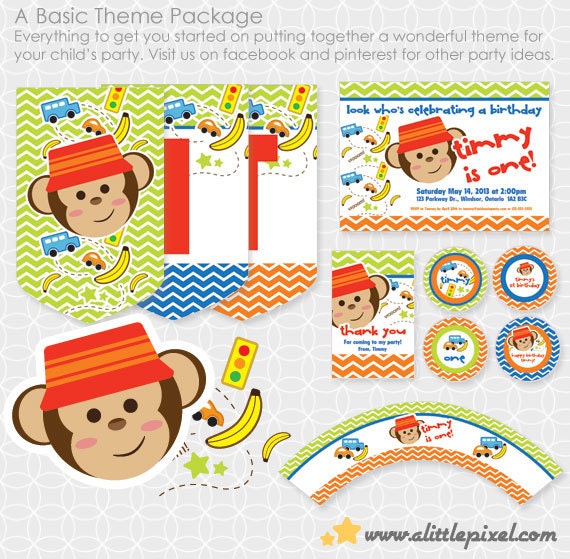 Monkey Boy Party Theme Basic Package - Personalized Printable Il_570xn