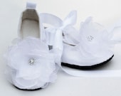 Toddler Ballet Slippers - Flower Girl White Silk with Organza Flower and Rhinestones - Baby Sizes also avail. - Baby Souls  Baby Shoes