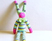 Mister rabbit  -  green pink striped sock puppet - Soft and cuddling bunnies plushies