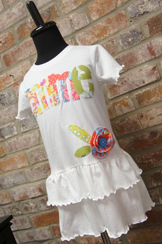 Personalized Applique Name Ruffle Dress (Raw Edge Applique) with Rosette