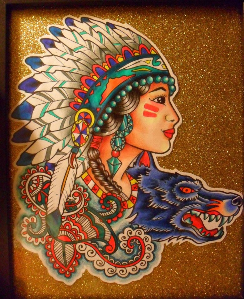 8"x10" framed art print. Traditional tattoo flash of native american girl and wolf. Glitter background.