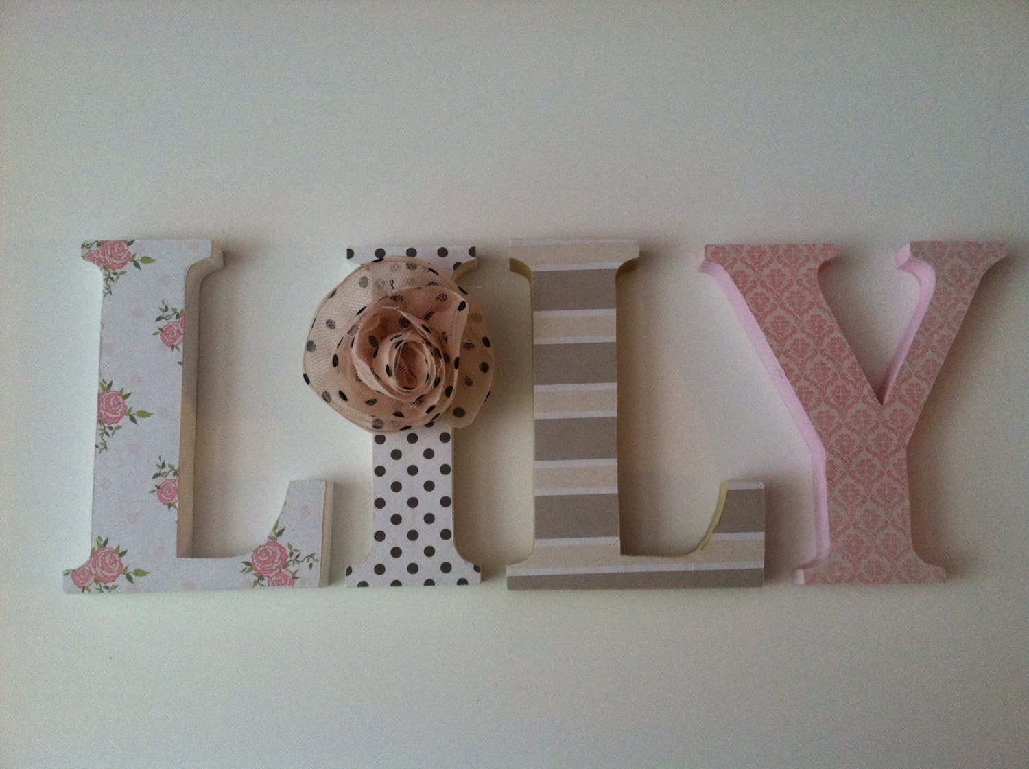 Wooden  letters for nursery in pink, tan, black and white. Matilda Jane inspired