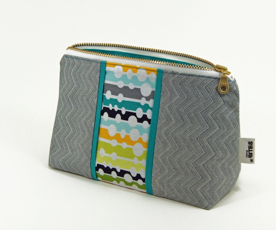Medium Zip Pouch by MinneBites / Handmade Modern Makeup Bag - Retro Gray Chevron Accessory Bag - Cosmetic Case - Gift for Her, ready to ship