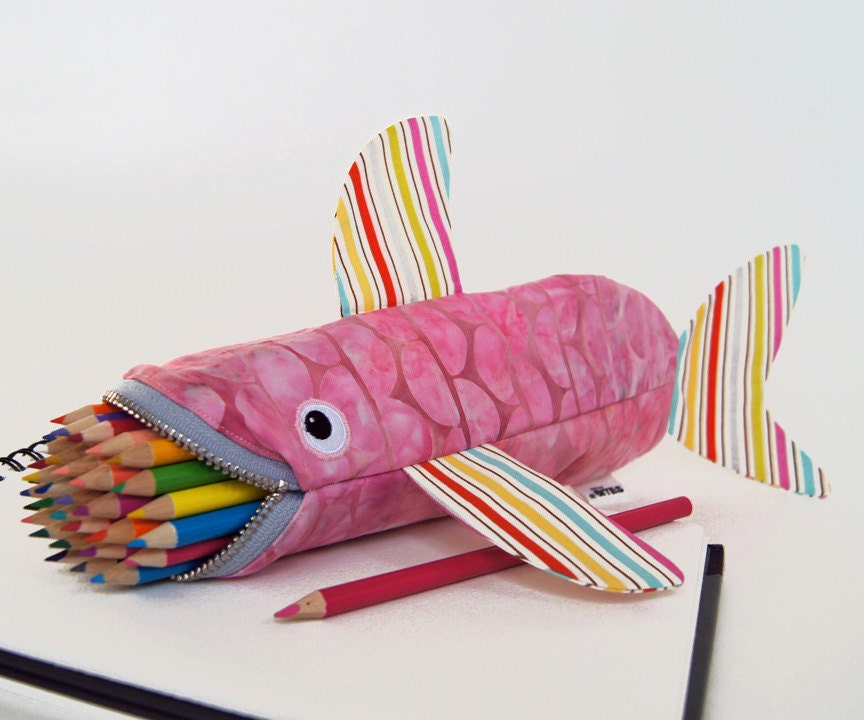 Shark Pencil Case by MinneBites / Desk Organizer - Pink Pencil Holder - Pink Fish Bag - Art Storage - Purse Organizer - Gift for Her