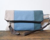 Fold over clutch Canvas color block clutch purse bag wallet blue stripes handbag wristlet