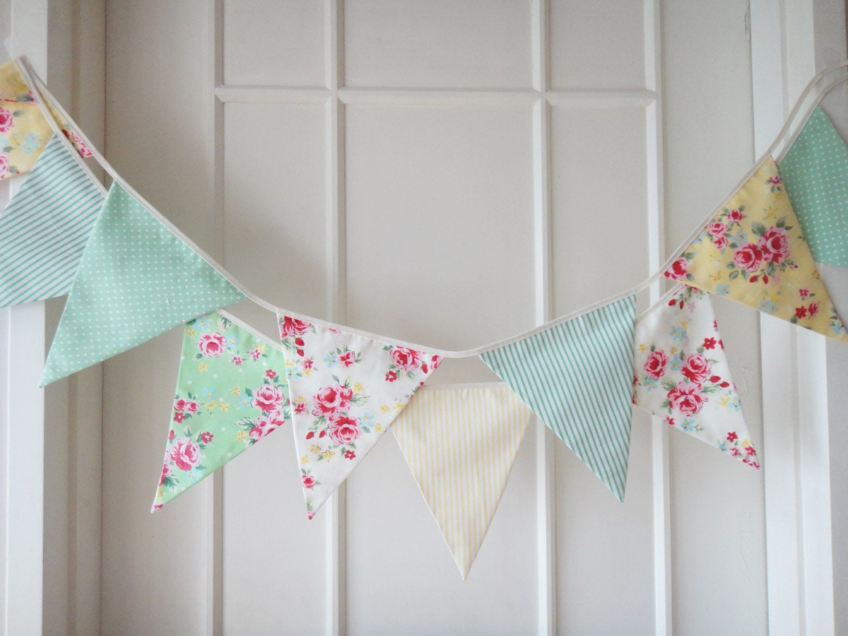 Spring Time Bunting, Fabric Banners, Wedding Bunting, Floral, Roses, Polka Dots, Pastel Yellow and Green Shade - 3 yards