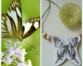 Green organza flower and Butterfly fiber necklace, butterfly nature pendant, Spring necklace,