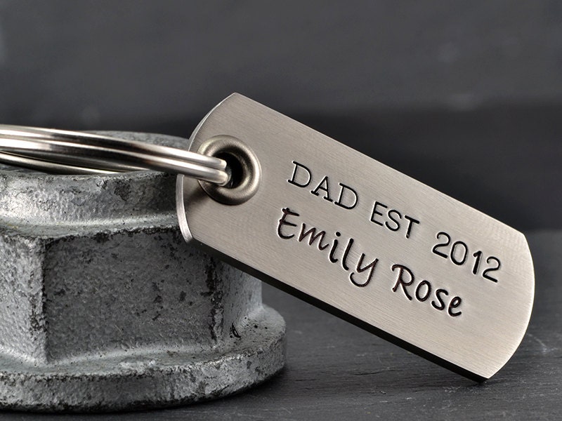 New Father Key Chain - Mens Keychain - Personalized Stainless Steel Dog Tag