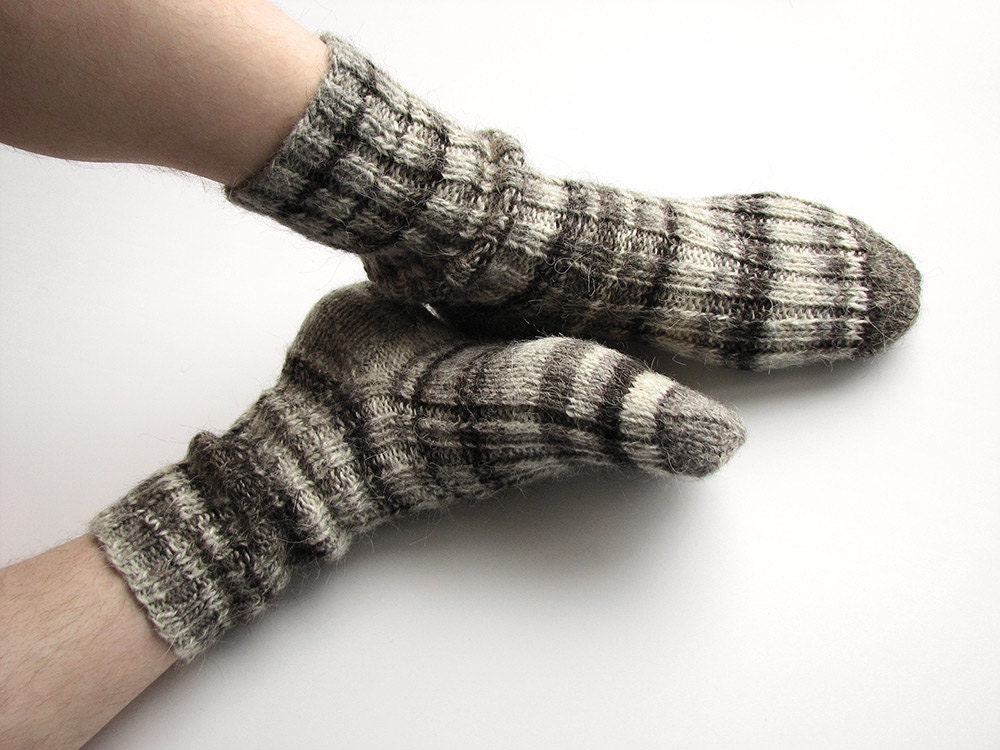 Asymmetrical Hand Knitted Socks - 100% Natural Organic Wool - Thick Yarn Warm Eco Clothing - Shades of Gray