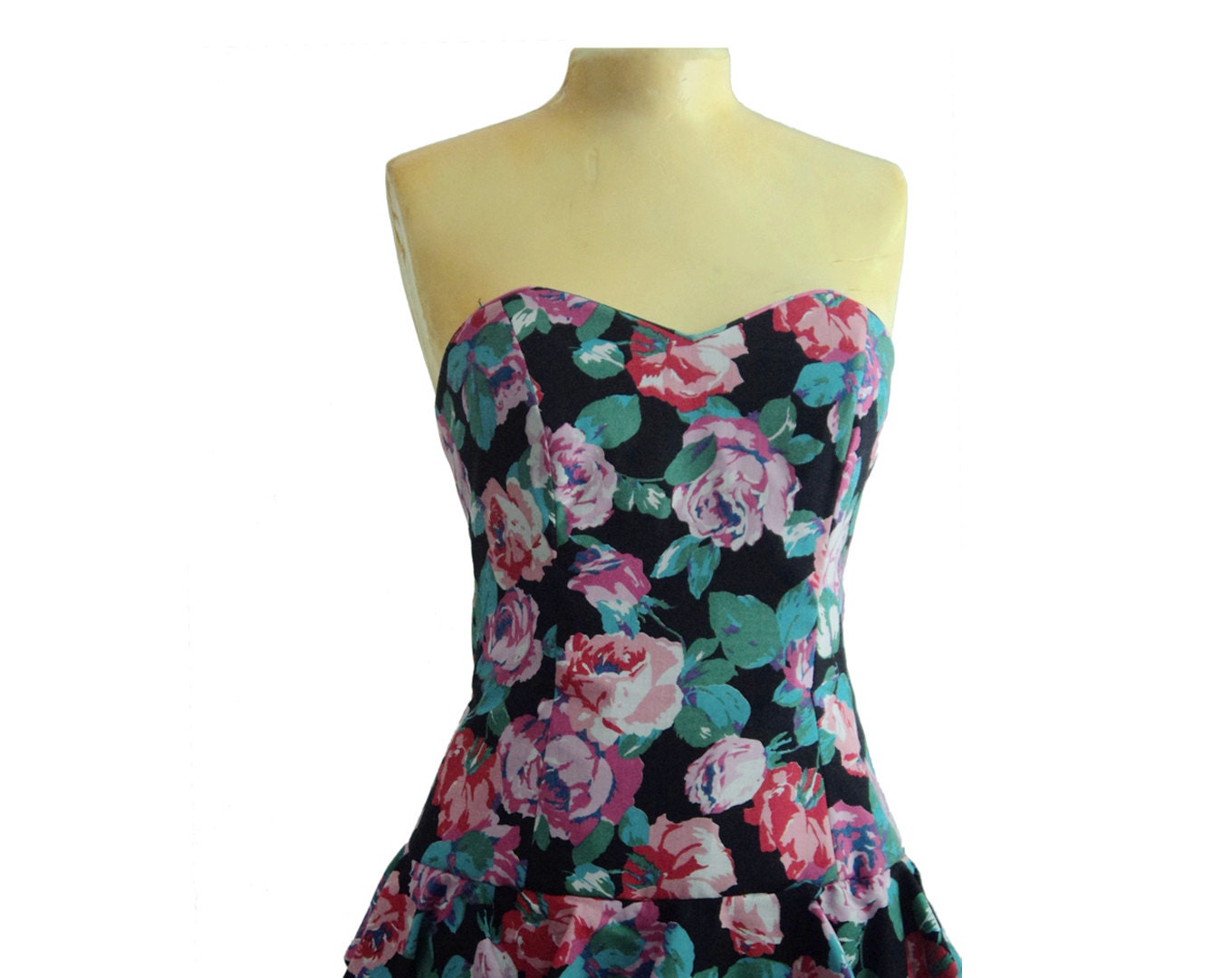 Vintage 1980s Strapless Floral Prom Dress