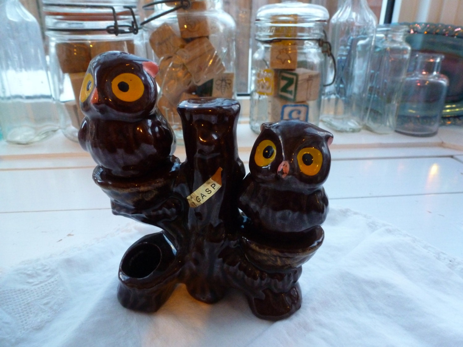 Vintage Owl Salt and Pepper Shaker, Owls on a Tree Trunk
