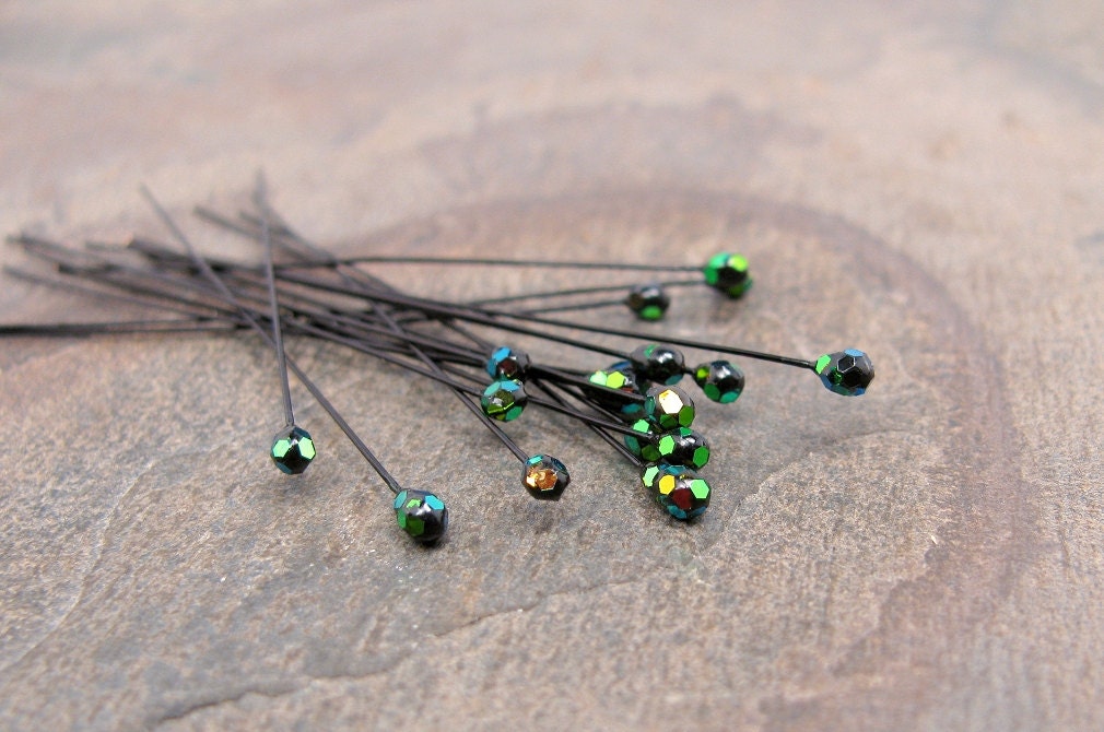 2" Head Pins Black Rhinestone JellyPins qty 6 bead wire