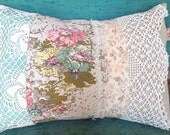 Sweet Vintage Lace & Barkcloth Patchwork Pillow Granny Chic Pale Pink Yellow Aqua Flower Fabric by Karyn Miracle - ShowandTellStudio Sweet Vintage Lace & Barkcloth Patchwork Pillow Granny Chic Pale Pink Yellow Aqua Flower Fabric by Karyn Miracle - ShowandTellStudio