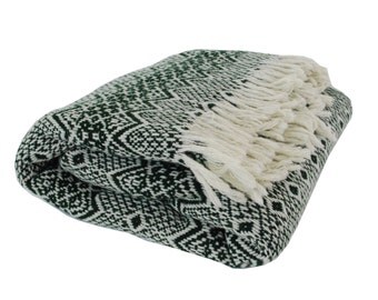 Vintage Wool Blanket / Nordic Style Blanket / Knit Throw Blanket / Green Throw Blanket
