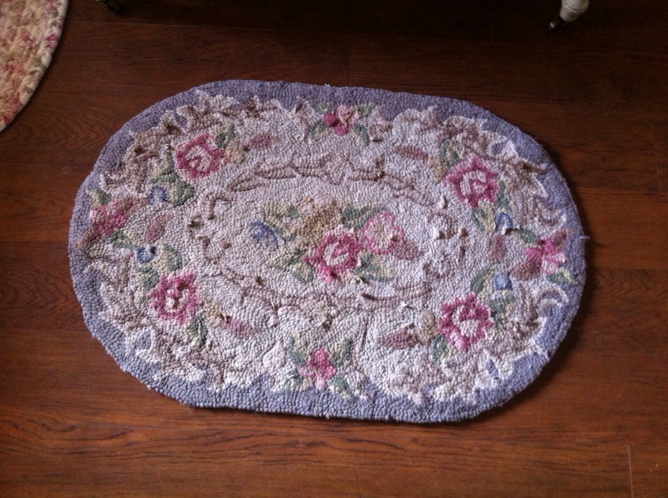 Reserved for Karen Vintage Floral Hooked Rug Carpet Gray Pink Floral Rug - Cottage Chic Shabby Chic