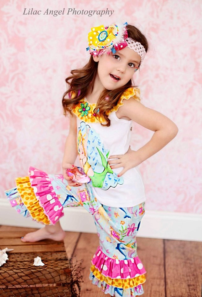 Only 3 left--- Original Boutique Quality Little Mermaid  Tank Top and Triple Ruffle Capri--12mos- 5