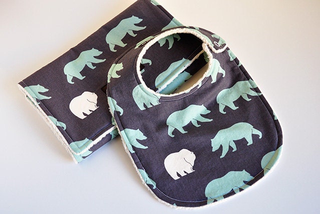 Organic Baby Bib and Burp Cloth Set, Bears and Organic Cotton Sherpa