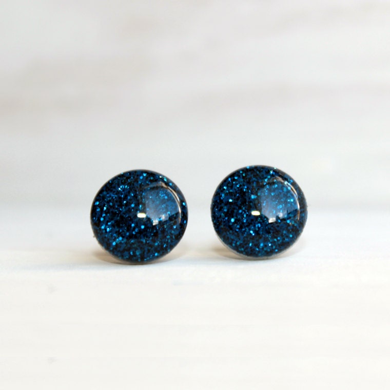 Royal Blue Glitter Stud Earrings - Hypoallergenic Surgical Stainless Steel Posts - Space Jewelry