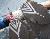 Silver leather feather earrings salvaged material tribal geometric design handmade by yours only by weronika