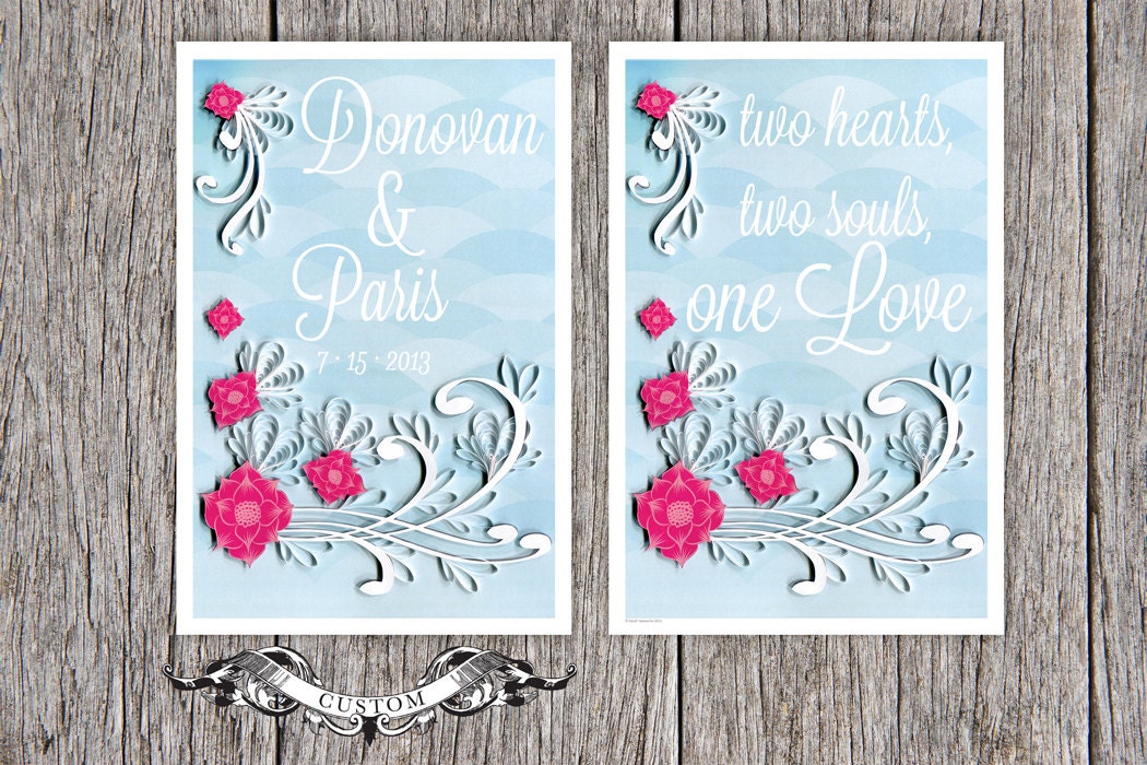 wedding keepsake and Inspirational quote poster set, Custom Names/Dates print, quilled border, script typography, Paper art print