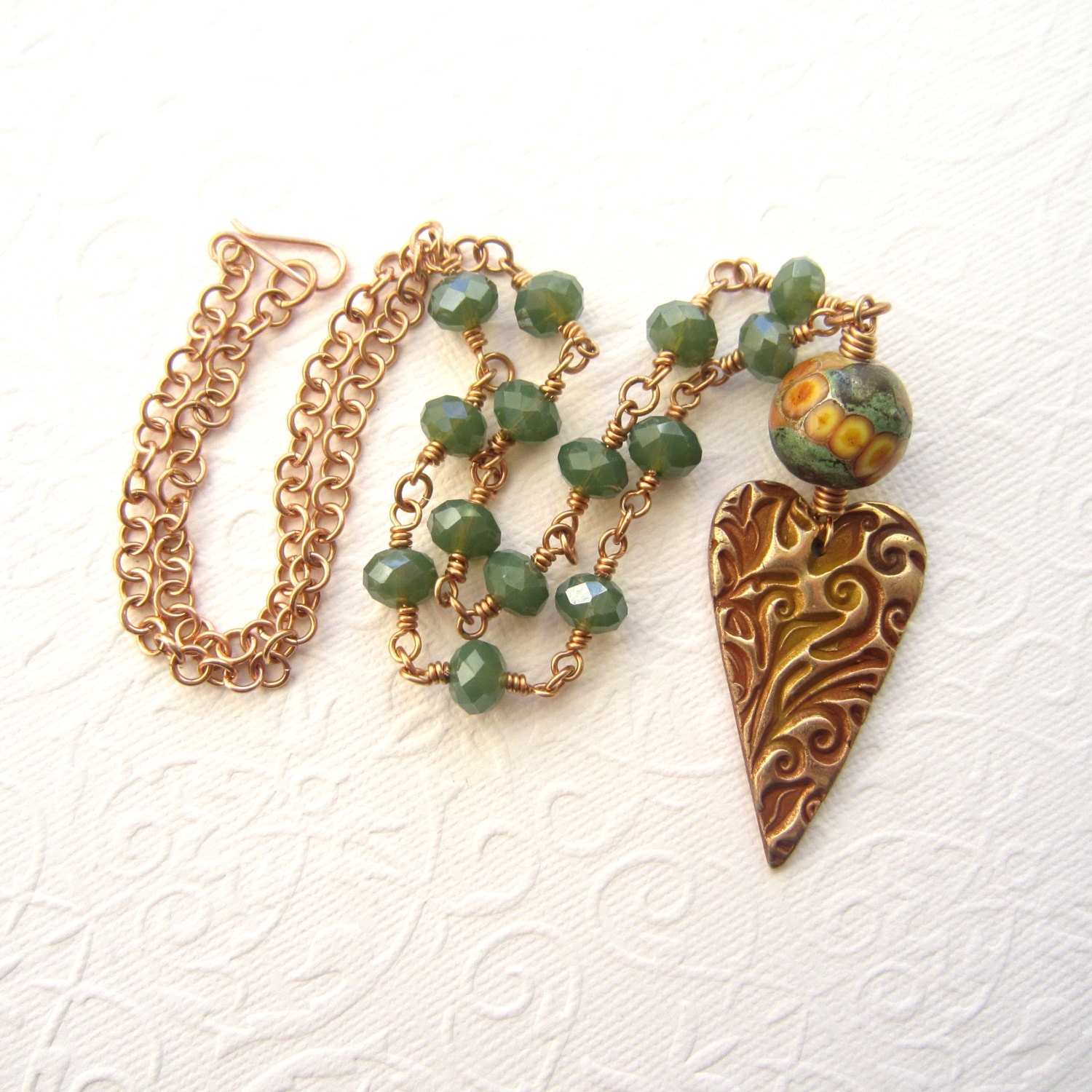 Bronze heart necklace, beaded heart pendant, lampwork bead necklace, glass beaded necklace