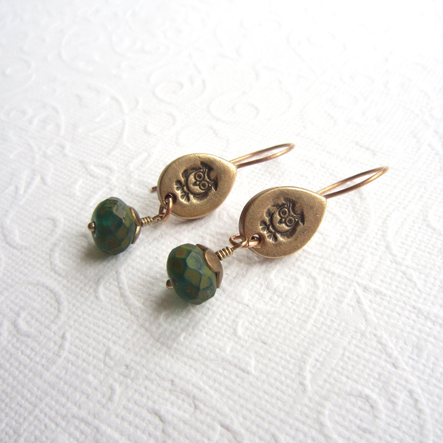 Bronze owl earrings, beaded bronze earrings, green owl earrings, handmade earrings