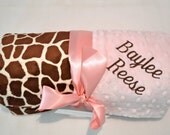 Monogrammed Minky Baby Blanket - PINK and BROWN Giraffe - All Minky