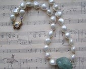 White Freshwater Pearl Necklace with Large Aquamarine Centerpiece