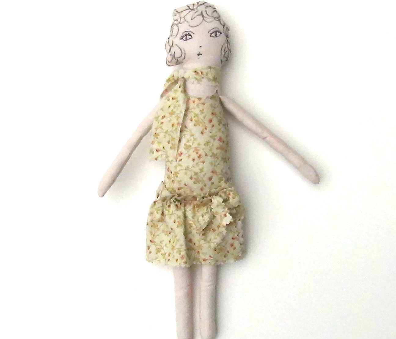 Handmade Doll Elegant Petite Roaring 20's Petite Wearing Sage Mint Green With Pink Rosebuds "Daisy" Handmade by GoHeyJudy