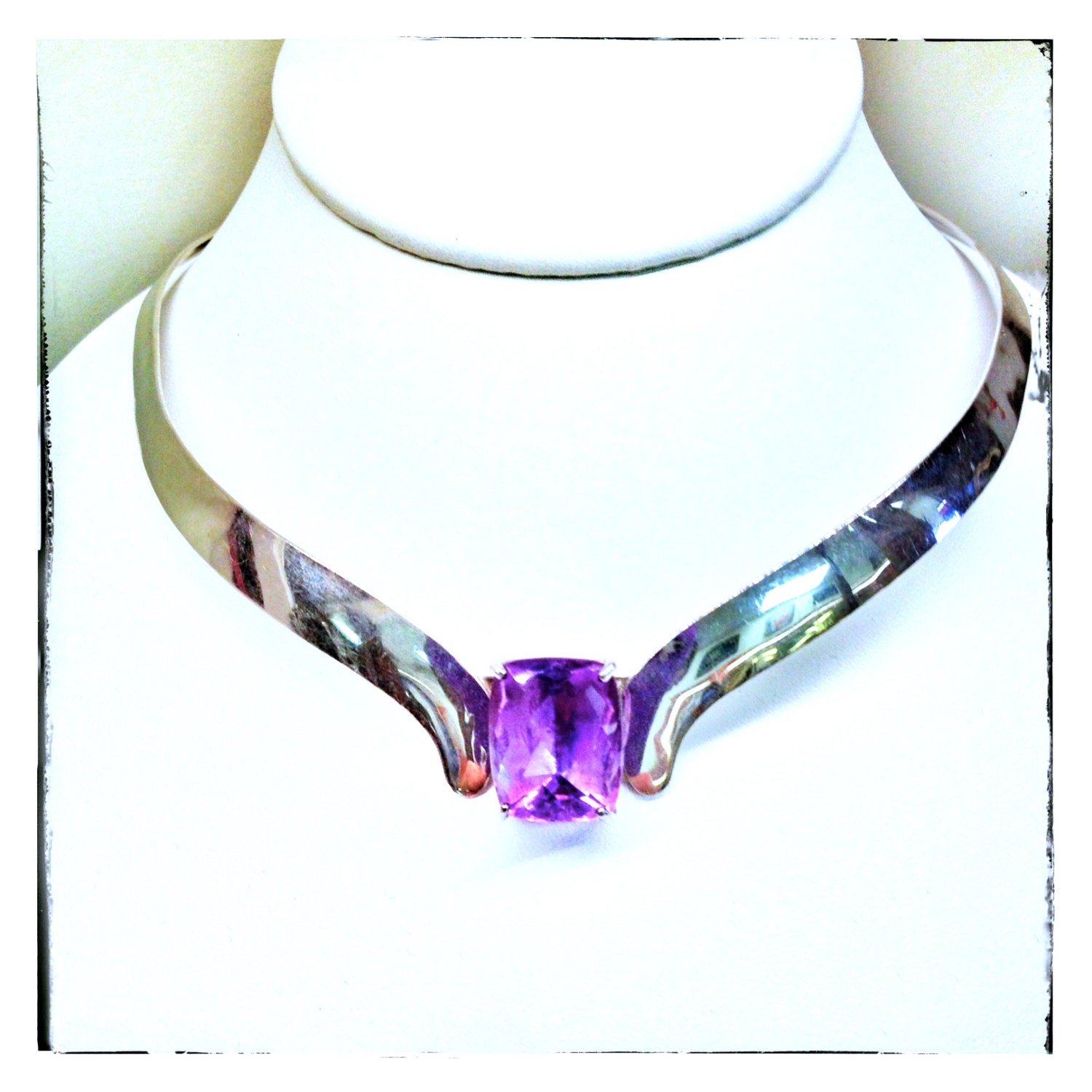 Vintage Sterling Silver RAINSTAR Natural Amethyst Gemstone Chevron Collar Necklace