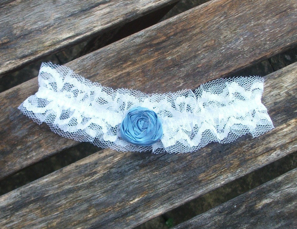 White Lace Bridal Keepsake Garter with Blue Raw Silk Rosette