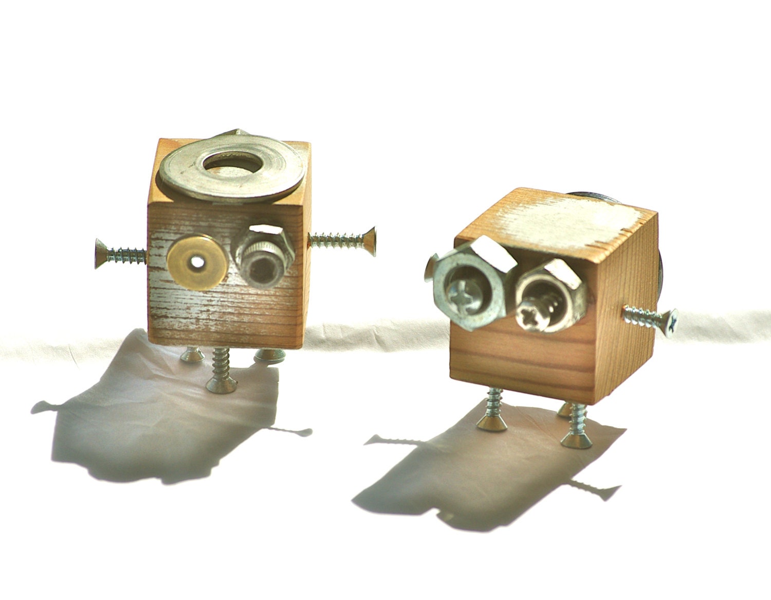 Apocalyptic Bots upcycled handmade robot duo bot pair family reclaimed wood scrap metal found object gray brown beige neutral