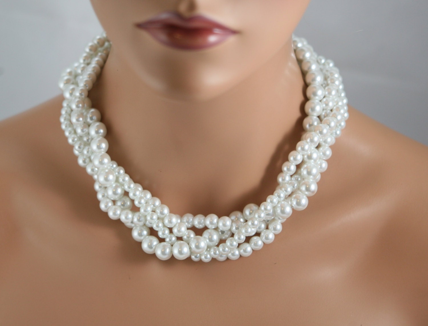 White pearl multi strand necklace in glass pearlsbrides jewelry
