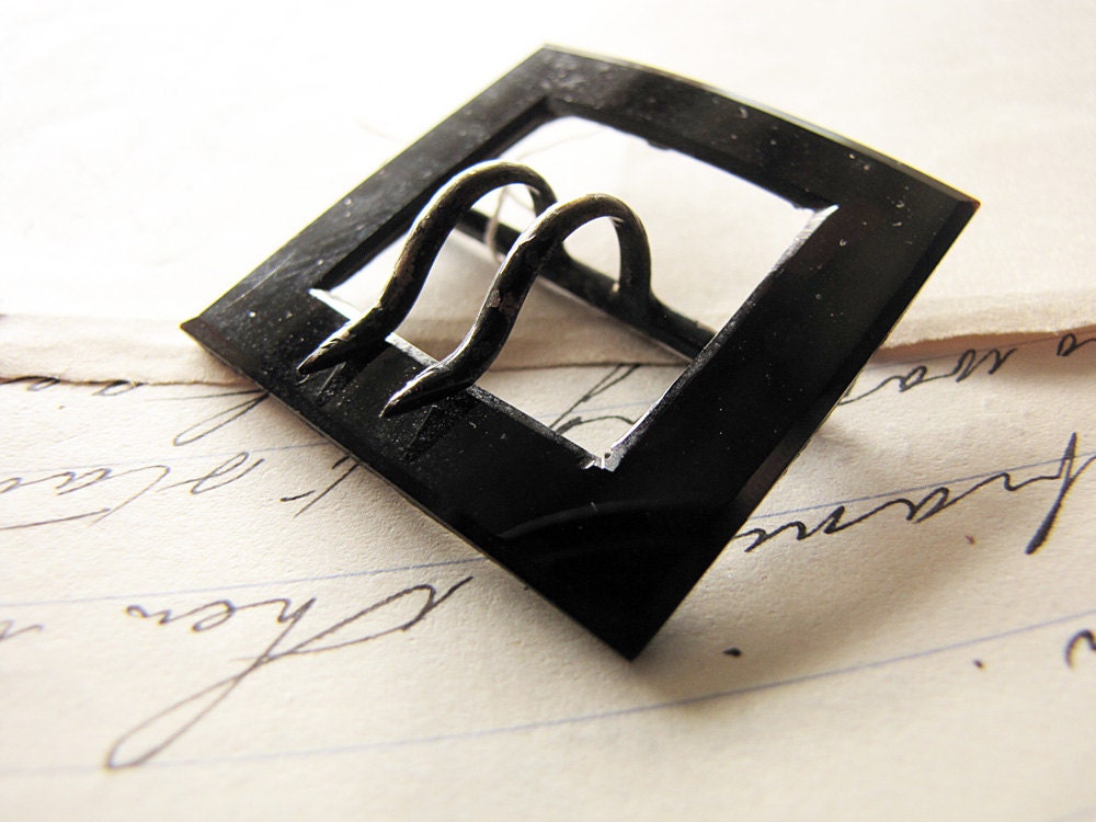 antique black square glass buckle - Victorian french jet - double fork tongue - costume detail
