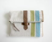 Fold over clutch Vintage Re-purposed Fabric stripes Retro Leather details