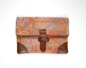 Fold over Clutch Purse Bag Leather Details Repurposed Vintage Fabric Afro Native