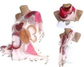 tassel scarf , triangle pink scarves , women fashion accessory , polka dot // heart print scarf, spring summer , ULTRA SOFT scarf