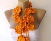 orange girly lariat scarf , necklace womens fashion accessories , hand crocheted floral scarf , beach necklace ,  for her