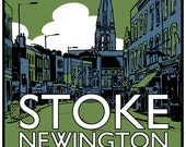Vintage style screenprint poster - Visit Stoke Newington by Motor Bus 73