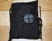 Black Rugged Cotton Canvas / Fishnet / Bamboo Lined Note Book with Pocket, Feather, Pearl, Brass Skull and Cross Bone, Recycled Paper