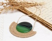 Crochet Lace Necklace Pendant in Ecru with Emerald Green Agate Ancient Sun Symbol, The Source of Life