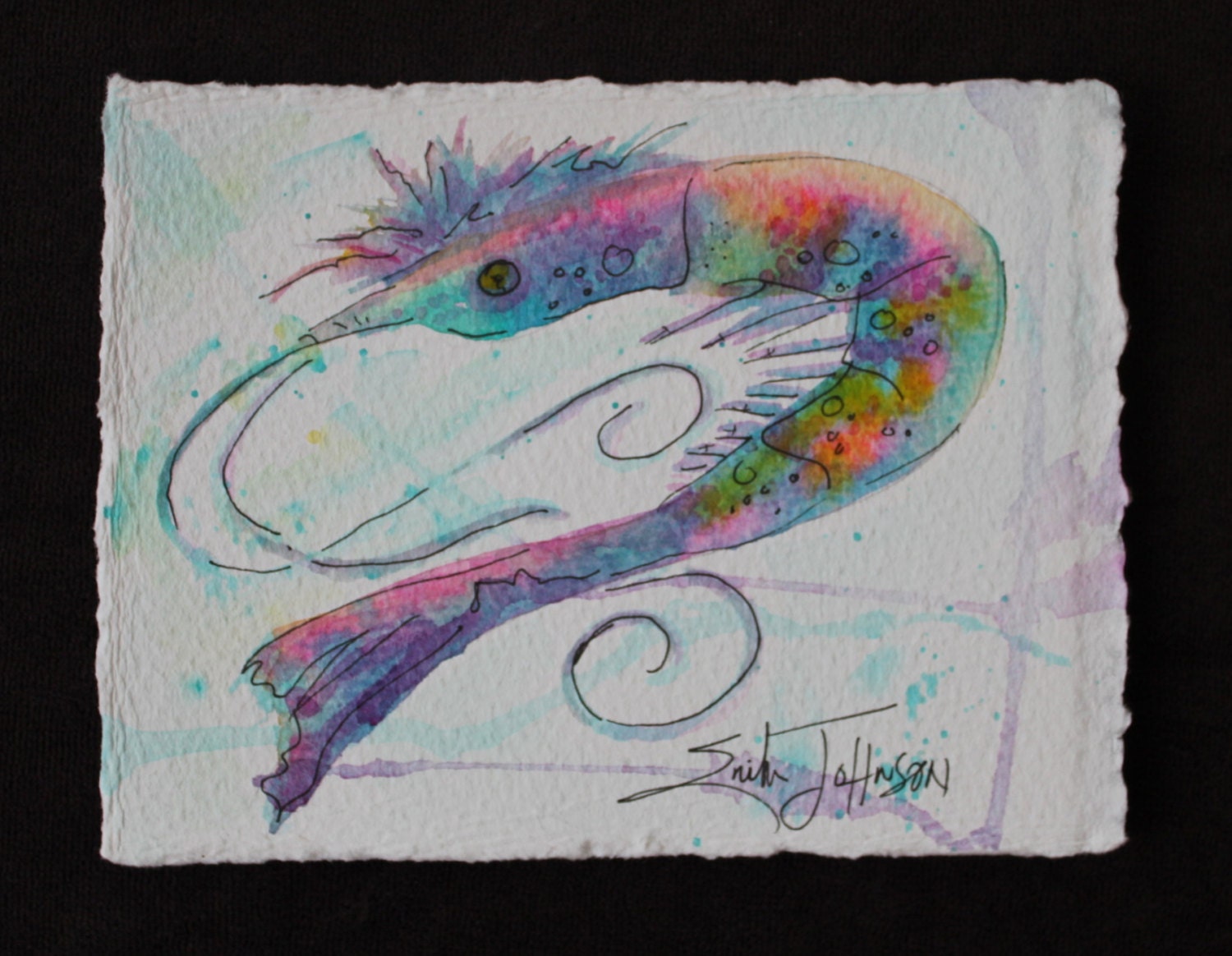 Vibrant Shrimp Watercolor Painting by Erika Johnson 5 x 6.5 inches (127 x 165.1mm) Coastal - Beach House Decor- Sea life art