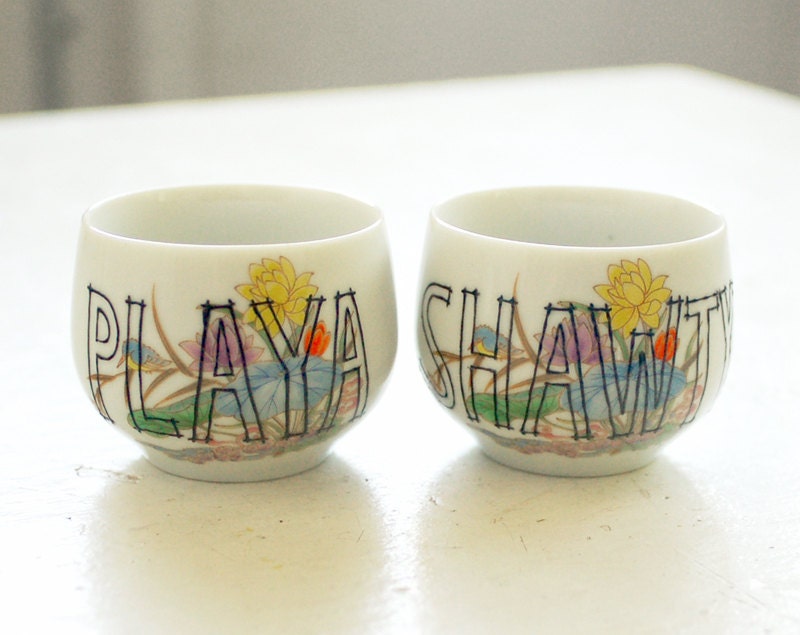 shot glasses - playa loves shawty - set of two (2) floral vintage sake cups - upcycled pair
