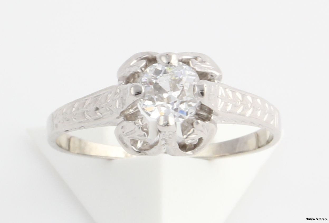 Diamond  .49ct European Cut Solitaire Vintage Engagement Ring - 18k White Gold