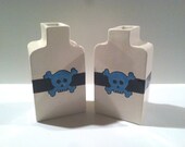 Set of 2 Black Blue Skull Apothecary Jars Bottles Ceramic Pottery Made in OHIO USA