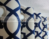 Pair of Decorative Designer Custom Grommet Curtains Drapes Navy Velvet Lattice On Cream 50 x 85L