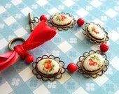 Retro Red Bracelet, Vintage Red Bracelet, Fruit Bracelet, Ribbon Bow Bracelet, Vintage Jewelry, Retro Jewelry, Shabby Chic, Farm Chic