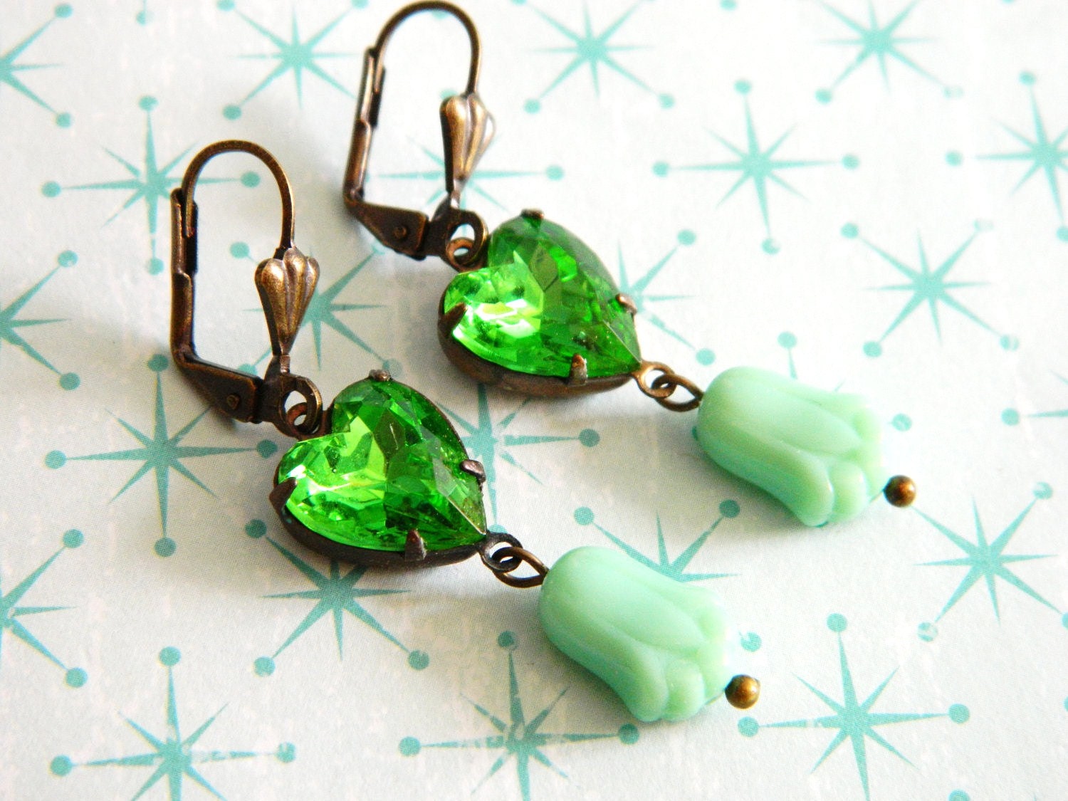 St Patricks Day Earrings Vintage Green Peridot Hearts Mint Deco Tulips - Irish Love